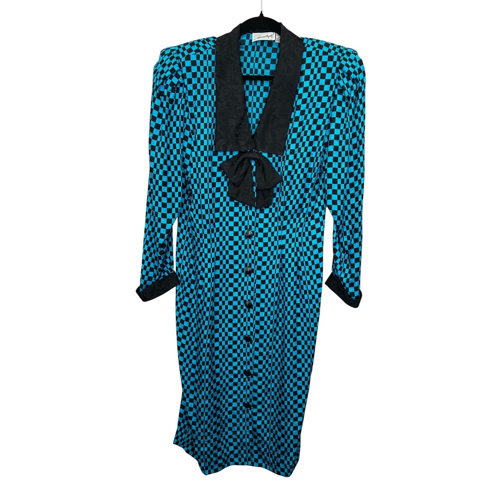 Adrianna Papell 80s 90s Silk Checkerboard Dress Teal Black Bow Vintage Size 14 - Picture 3 of 8